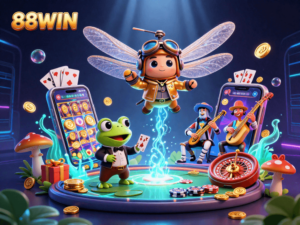 Experience thrilling gaming adventures at 88WIN with vibrant casino elements and dynamic characters.