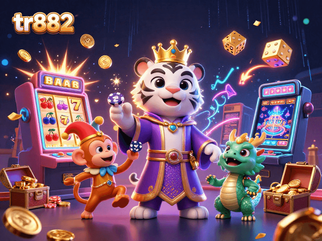 Win jackpots at tr882 with a lively scene featuring a royal tiger, jester monkey, and dynamic casino elements.