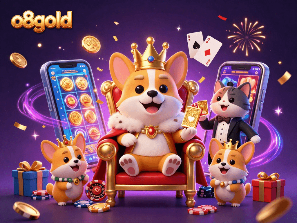Experience the excitement of o8gold with a royal 3D corgi on a throne of poker chips.