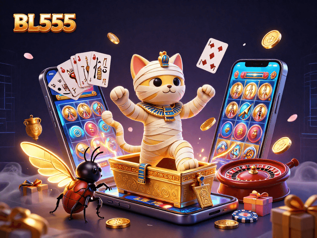 Engage with the thrilling world of BL555, featuring a cartoon mummy cat and golden sarcophagus amidst lively casino elements.