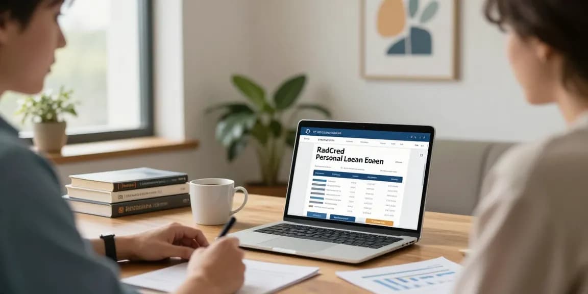 Explore www.radcred.com/personal-loan/2500-personal-loan in a cozy financial consultation setting with supportive advisor and documents.