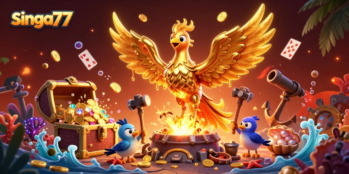 Singa77 captures the excitement of winning with a molten golden phoenix and underwater treasures.