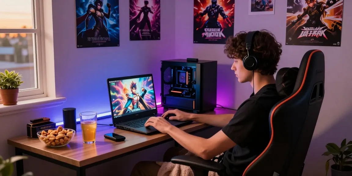 Immersive gaming scene showcasing a user playing hentai games in a cozy nook.