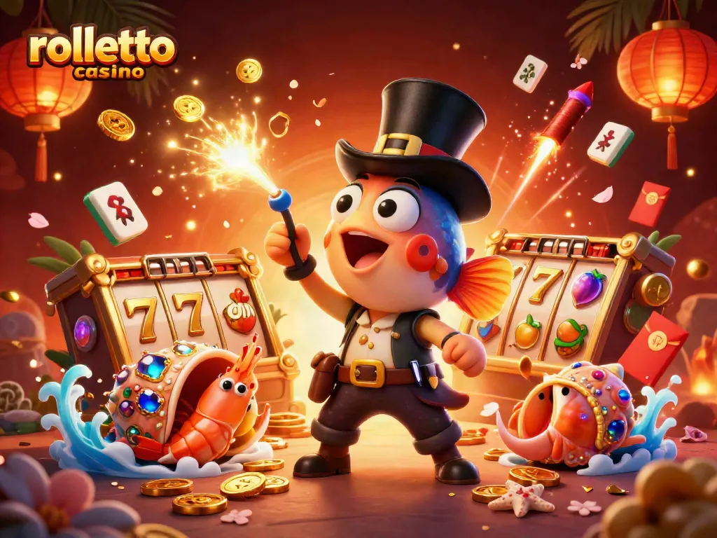 Experience excitement at rolletto casino with slot reels and treasure-hunting characters.