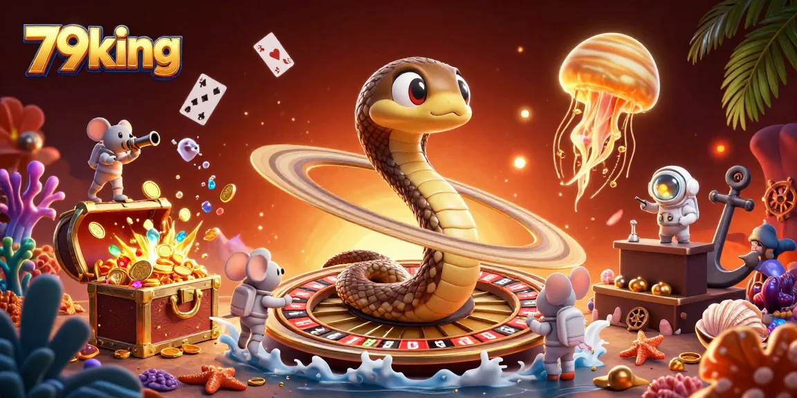 Bet on big wins with 79king in a vibrant, cartoon casino scene filled with cosmic elements.