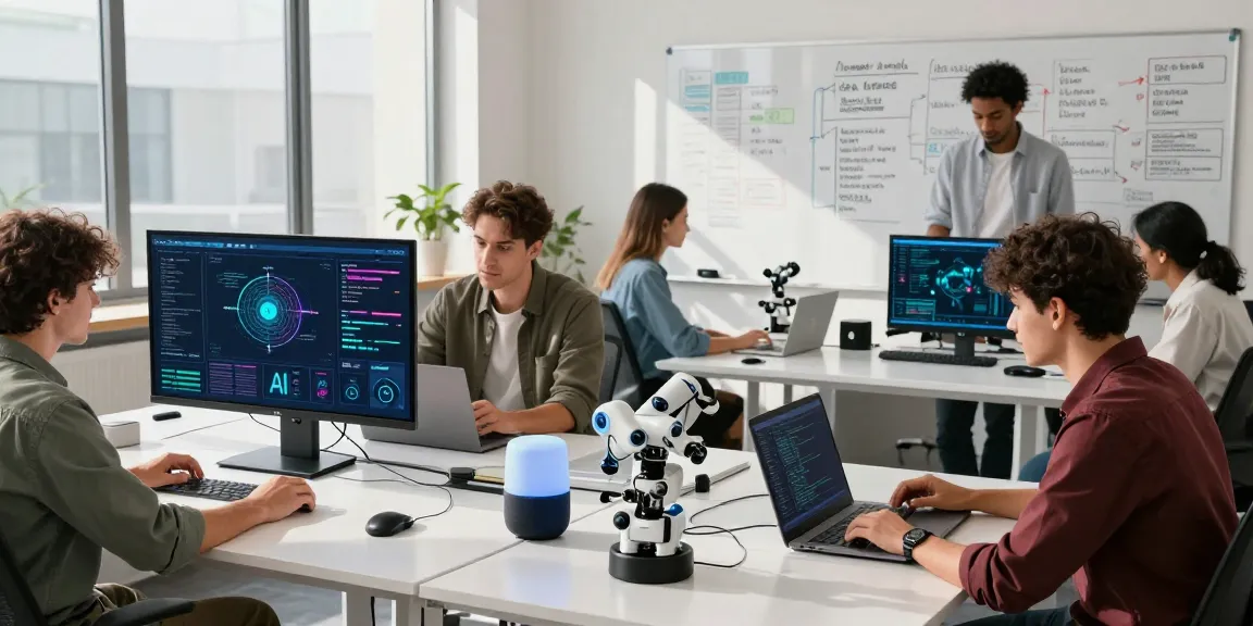 Diverse team collaborating on innovative AI startups 2026 in a modern tech workspace filled with gadgets and data visuals.