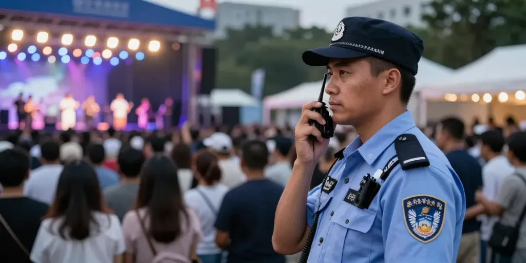 Security Guard ensuring safety at a community event, professional and vigilant local services.