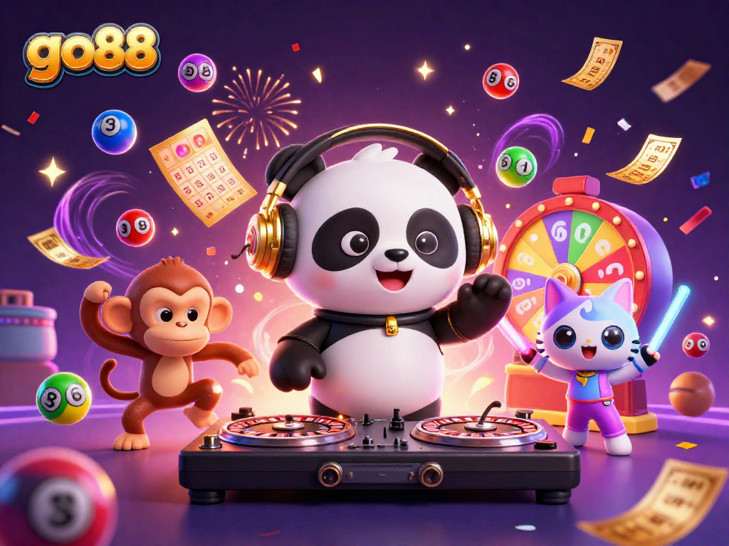 Experience the thrill of go88 with lively characters and vibrant gambling elements in a festive scene.