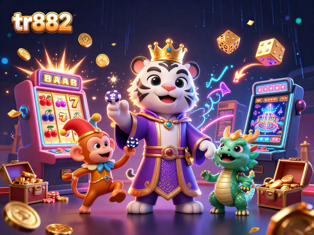 Win jackpots at tr882 with a lively scene featuring a royal tiger, jester monkey, and dynamic casino elements.