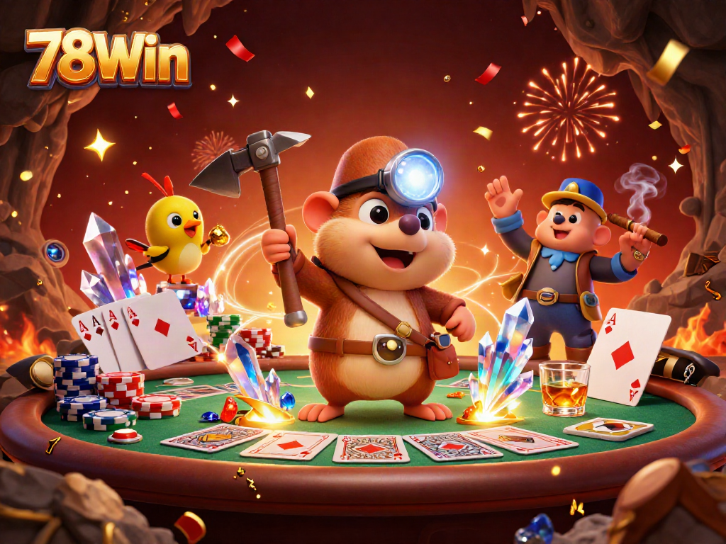 Experience thrilling gaming action at 78Win with a treasure hunter mole and poker frenzy.
