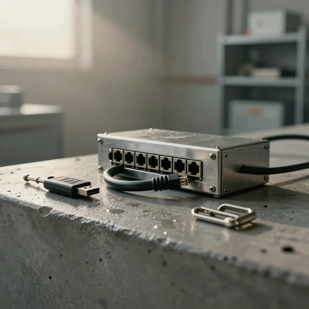 Brushed steel network hardware, coiled cable, USB security key and rack latch on wet concrete.
