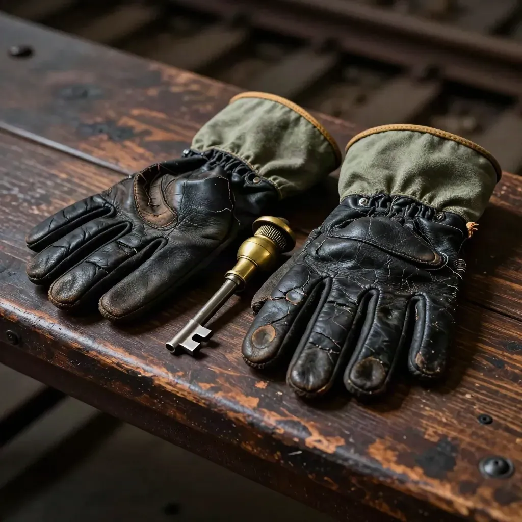 Railway gloves, steel signal key and brass torch on dark wood with moody directional light