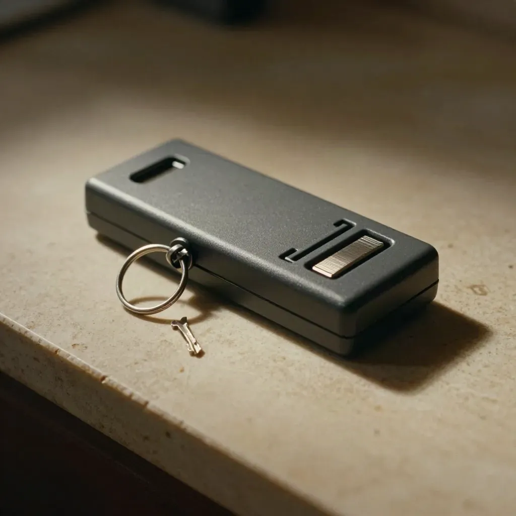 Pager dock, key ring, and cable ties on warm stone in dramatic low-key light.