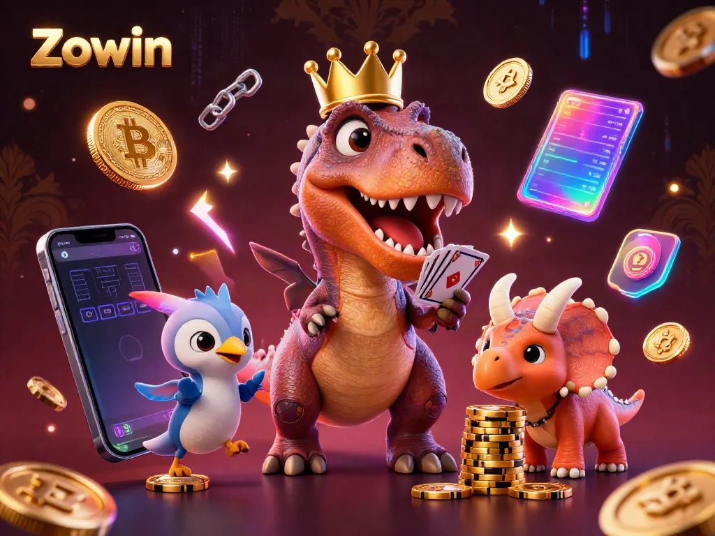 Zowin brings exciting gameplay with a T-Rex shuffling cards and a triceratops stacking chips in a vibrant casino scene