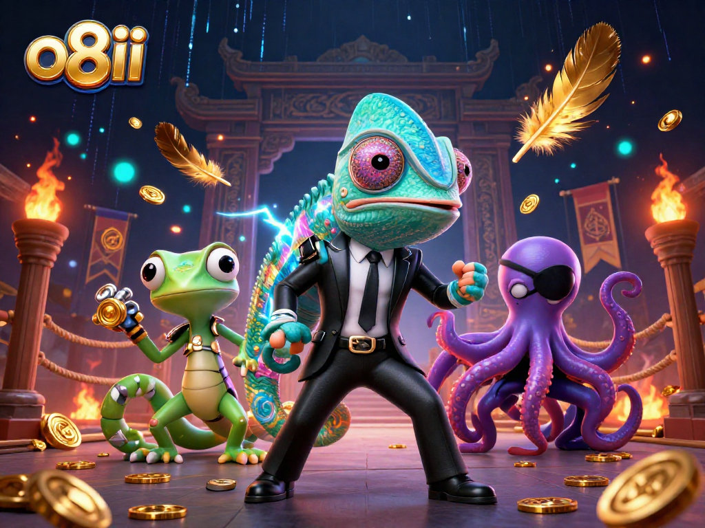 Experience exciting gameplay at o8ii with a dynamic casino scene featuring vibrant characters and elements.