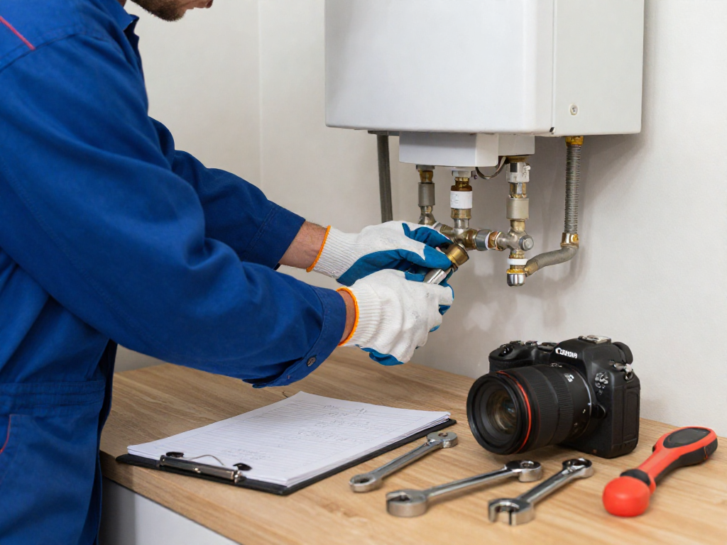 Water heater repair Fort Worth service technician inspecting heater with tools in a cozy home basement.