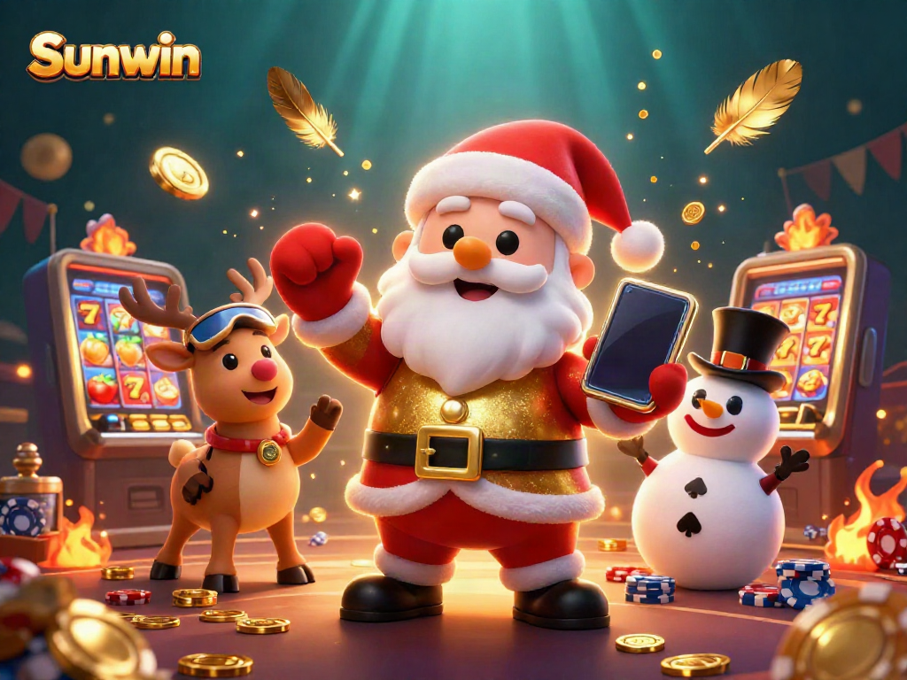 Experience the excitement of Sunwin casino with Santa and friends celebrating a jackpot.