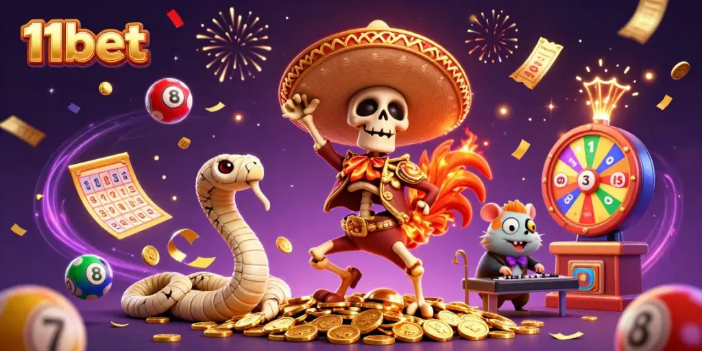 Celebrate wins with 11bet in a vibrant 3D casino world featuring lively characters.