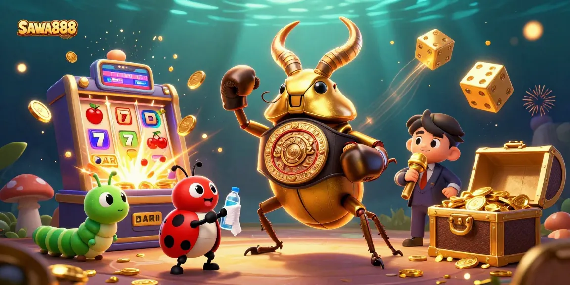 Experience thrilling slots and jackpots with SAWA888's vibrant 3D casino illustration featuring a giant beetle.