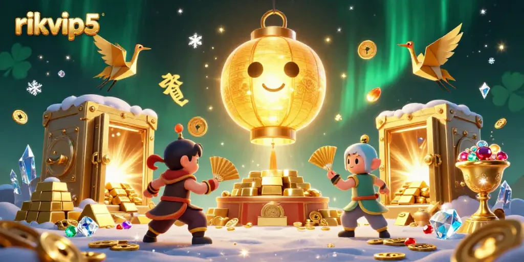 Experience thrilling gameplay at rikvip5 with a giant golden lantern spirit illuminating the vibrant casino atmosphere.