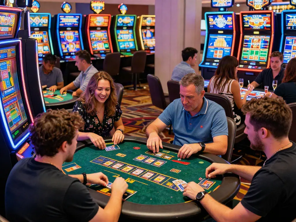 Excited players at credit card casinos UK enjoying diverse gaming options with vibrant background lights.