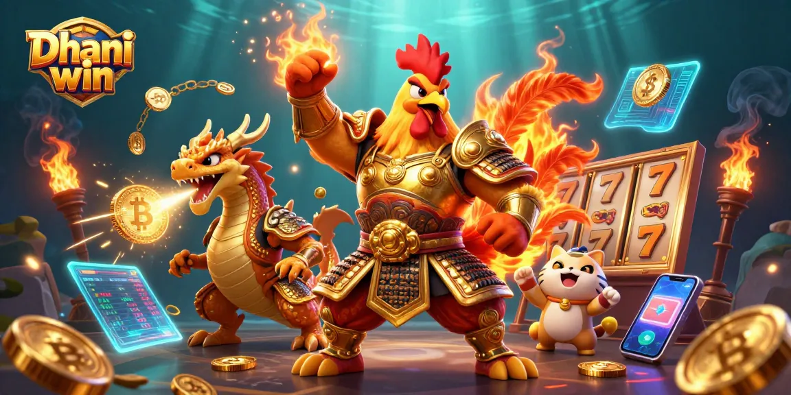 Dhani win gaming illustration featuring a rooster warrior, dragon hatchling, and fortune cat among slot reels and crypto coins.