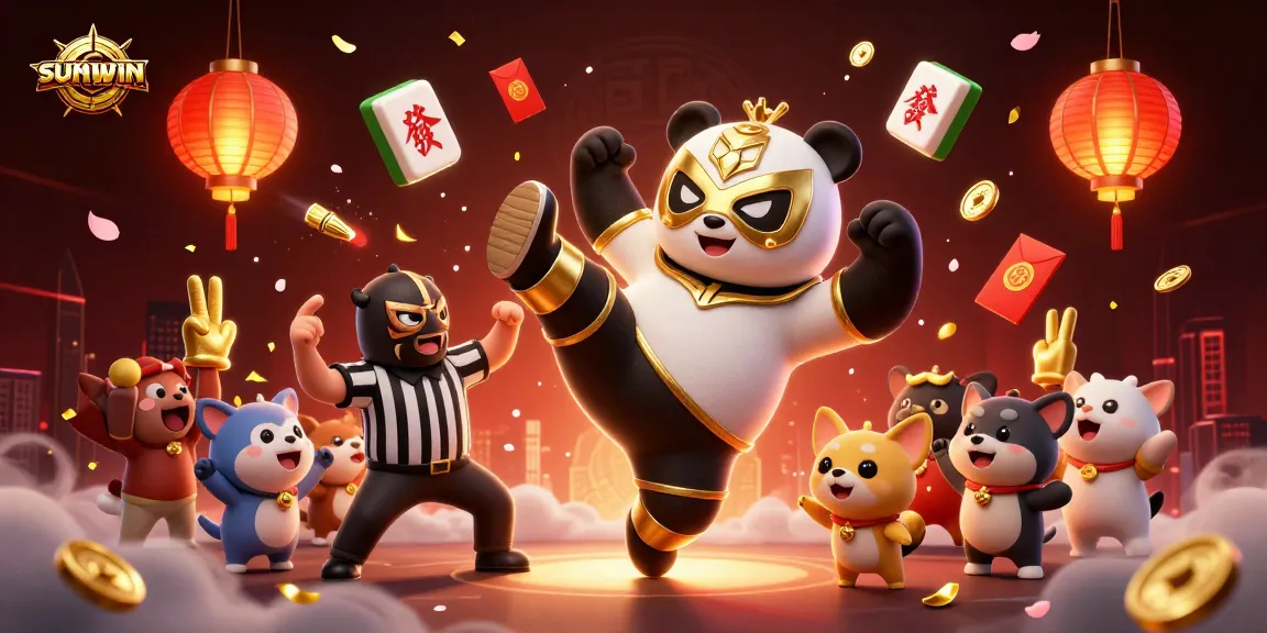 Picture of sunwin's vibrant casino scene featuring a wrestling panda, chihuahua referee, and joyful animal crowd.