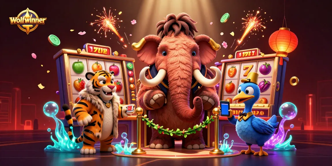 Engage with wolfwinner's casino experience featuring a mammoth bouncer and vibrant slot elements.
