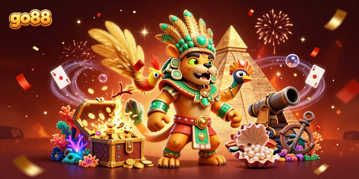 Engage in the immersive world of go88 with a vibrant illustration featuring casino elements and Mayan characters.